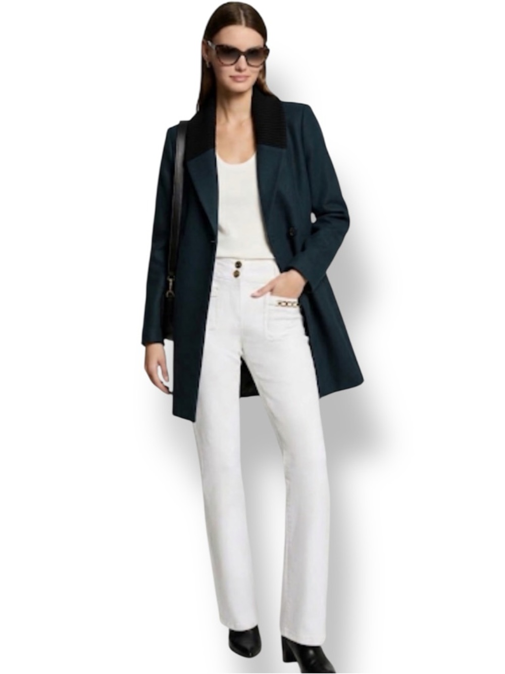 Theory Lucean Bria Cashmere Wool Blend Coat Dark Teal Ribbed Knit Collar TP